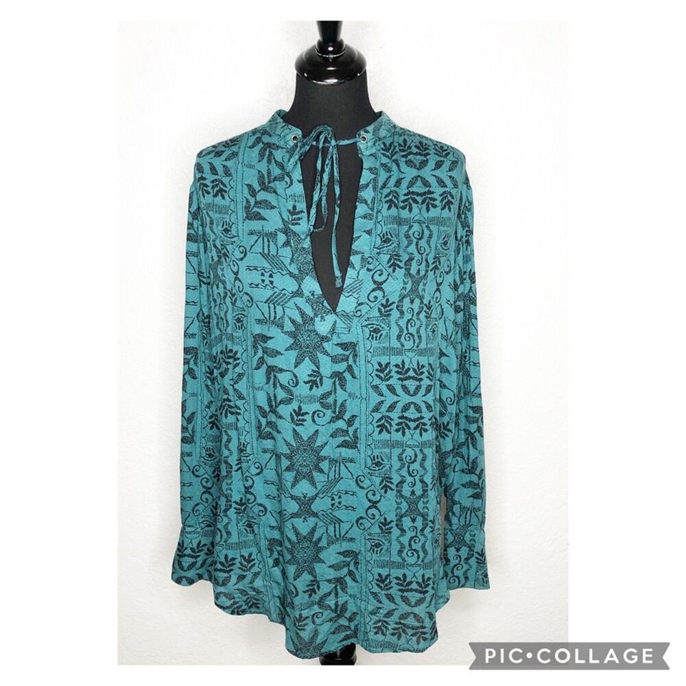 Freeā People dress womens Medium NEW green black leaf tie neck tunic boho flirty